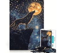Star-Filled Wolf Howling at A Golden Moon 1000 Piece Jigsaw Puzzle for Teenagers Brain Challenge Toy Relax Time Precise Cut Art Display 38x26cm
