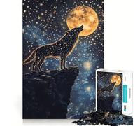Star-Filled Wolf Howling at A Golden Moon 1000 Pieces Jigsaw Puzzles for Teenagers Boost Memory Stress Release Premium Cut Cherished Gift 38x52cm