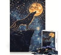 Star-Filled Wolf Howling at A Golden Moon Jigsaws 1000 Pieces for Adults Mind Exercise Toy Stress Relief Design Assembly Elegant Gift 50x75cm