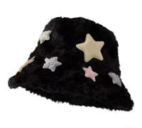 Star Fisherman Hat for Women, Winter Warm Deer Plush Bucket Cap with Cute Pattern, Adjustable High Crown Beanie for Cold Weather, Casual Daily Wear, (Black1)