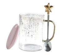 Star Glass Water Cup Set with Lid and Spoon, 401-500ml Pink | Glass, Stainless Steel and Ceramic, Easy to Clean Spill Cover, for Breakfast Time and Restaurant Tableware