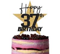 Star Happy 37th Birthday Cake Topper, Thirty Seven Fabulous 37th Bday Cake Pick, Cheers to 37 Years Birthday Party Decorations Black & Gold Glitter