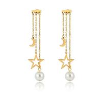 Star Long Tassel Dangle Earrings for Women Gold Moon Star Pearl Earrings Hollow Star Tiny Pearl Chain Earrings Meteor Lucky Star Pearl Drop Earrings Dainty Jewelry Gifts for Women, One Size, Metal, No