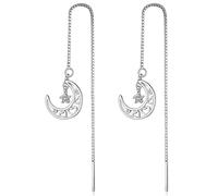 Star Moon Drop Dangle Earrings for Women Girls 925 Silver Chain Ear Thread Dangle Earring Jewelry Gift (Silver)