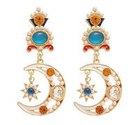 Star Moon Enamel Earrings for Women, Vintage Crown & Crescent Dangle Earrings, Pearl & Blue Stone Drop Jewelry with Red Enamel Accent for Ethnic Style