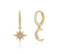 Star Moon Huggie Hoop Earrings, 925 Sterling Silver Post 14K Gold Plated Star Huggie Dangle Drop Earrings Moon Huggie Stud Earrings for Women Jewelry Gifts