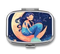 Star Moon Mermaid Girl Pill Case Box with 2 Compartment Medicine Vitamin Organizer for Purse Pocket 5.5x4cm