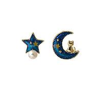 Star Moon Pearl Earrings Fashion Personality Funny Fashion Earrings Silver Needle Cat Moon Earrings Valentine's Day Jewelry Gifts for Ladies Girls (Blue, One Size)