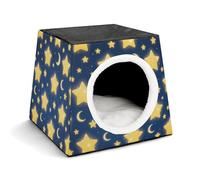 Star - Moon Print Cat Bed for Indoor Cats - Foldable Cat & Dog House with Removable Cozy Cushion, Waterproof Oxford Washable Pet House for Small Pets 13.8" X 13.8" X 11.8"