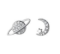 Star Moon Stud Earrings Silver Asymmetric Star Moon Planet Small Cartilage Stud Earrings For Women Piercing Post Jewelry Birthday Sister Catbird Jewelry (Silver, One Size)
