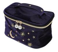 Star Moon Velvet Makeup Bag Large Capacity Zip Cosmetic Pouch | Navy Finish, Embroidered Detail, Holiday and School Use, for Girls and Women