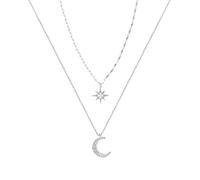 Star Necklace - Star Moon Necklace, Silver Necklaces for Women, Ladies, Layered Necklaces for Teenage Girls, Double Necklaces Chain Sets, Choker Necklaces Gifts, Diamante Star Moon Pendant Jewellery