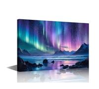 Star Ocean Canvas Wall Art 1 Panel Aurora Borealis Wall Art for Living Room Decoration Snowy Mountains Coast Canvas Art Poster for Bedroom Decoration Stretched and Framed Ready to Hang 36x24 Inch