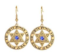 Star Of David Earrings For Women Stainless Steel Hebrew Inscription Hexagram Blue Diamond Round Drop Dangle Earrings Megan Star Jewish Jewelry (gold)