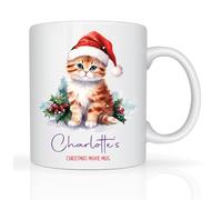 Star Online Personalised Christmas Coffee Mug 11oz Ceramic Cup Custom Name Mugs Festive Xmas Eve Secret Santa Party Gifts for Kids, Family Presents (Kitten Santa Hat)