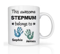 Star Online Personalised Mothers Day Mug Gifts for Mum This Awesome Stepmum Belongs to Children Handprints Mugs from Daughter & Son 11oz Ceramic Coffee Cup Novelty Mug Birthday Presents