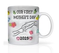 Star Online Personalised Mummy Mug Kids Name Holding Hands Mothers Day Gift Mum Flowers Hand Print Gifts for Grandma Nana 11oz Ceramic Coffee Cup (First Mother Day)