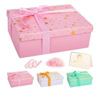 Star Pink Gift Box with Lid 25x18x9cm Medium/Large Luxury Gift Boxes for Presents, Cardboard Empty Gift Box for Birthday Christmas Valentines Present Box for Girls Her with Ribbon