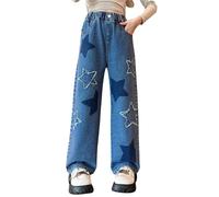 Star Print High Waist Jeans for Girls Kids Cute Trendy Wide Leg Baggy Denim Pants Spring Ripped Cropped Trousers Girls Clothes Size 12 Jeans Holed Jeans Teen Girls(Blue, 10-11 Years)