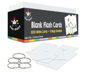 Star Right Blank Flash Cards for Studying - 2x3-Inch Blank Notecards - 1000 Pre-Punched White Index Cards with Metal Binder Rings - Flashcards for Test Prep, Math, Language, and Organization
