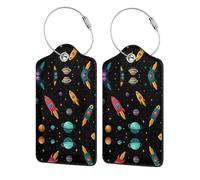 Star Rocket Patterned Leather Luggage Tag with Name Id Tag and Stainless Steel Ring for Women Men Luggage Handbags 1 Pcs