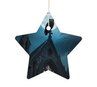 Star Shape Christmas Ornaments 2.7 Inch - Black Owl on Church Ceramic Porcelain Tree Decorations, Double-Sided Hanging Ornaments for Xmas Tree Home Holiday Wedding Decor