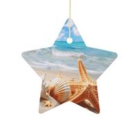 Star Shape Christmas Ornaments 2.7 Inch - Starfish Seashell Ocean Beach Ceramic Porcelain Tree Decorations, Double-Sided Hanging Ornaments for Xmas Tree Home Holiday Wedding Decor