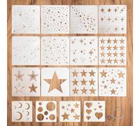 Star Stencil Stars Stencils for Painting These Include 13 Different Stars Shapes, 1 Heart Shape, 1 Moon Shape, and 1 Circle Shape, for A Total of 16.