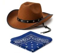 Star Studded Brown Cowboy Hat and Bandana Set - Adult Cow Boy Hat with Cowboy Neckerchief for Cow Boy Outfit Men and Women Wild West Fancy Dress Costume or Country and Western Fancy Dress (Blue)