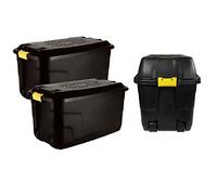 STAR SUPPLIES Heavy Duty Large Black Storage Trunks Ideal For Indoor & Outdoor Use With Lids Wheels & Yellow Handles (145 Litre (WITH WHEELS), 1 Storage Box)
