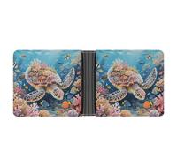 Star - Swimming Dolphin Leather Bifold Wallet with 2 Hidden Pockets 6 Card Slots Slim Wallets for Cash, Cards, And ID, Swimming Turtle in Coral Reef, One Size, Modern