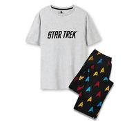 Star Trek Mens Pyjama Set | Adults Classic Logo Grey Short Sleeve Graphic Tee & Black All Over Print Long Leg Bottoms PJs | Badge Loungewear Trekkie Apparel | Sci-fi Movie Merchandise Gift for Him