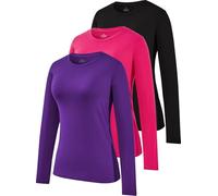 Star Vibe 3 Pack Crew Neck Long Sleeve Top Long Sleeve Tops Women Ladies Running Tops Black/Rose/Purple S