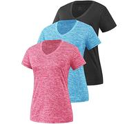 Star Vibe 3 Pack Women's Short Sleeve Dry Fit T-Shirts Moisture Wicking Athletic V-Neck Gym Tee Exercise Yoga Tops Black/Blue/Rose XL