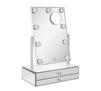 Star Vision 2-in-1 Large Lighted Hollywood Mirror & Glass Jewelry Organizer, 3 Color Tones & Dimmable Light, 2-Layer Drawers, Luxury Crystal Diamond Effect Surface, Includes a 10X Magnification Mirror