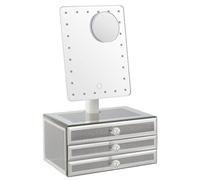 Star Vision 2-in-1 Lighted Makeup Mirror with Glass Jewelry Organizer, Dimmable 6,000K Cool White Light, 3-Layer Drawers, Luxury Crystal Diamond Effect Surface, Includes a 10X Magnification Mirror