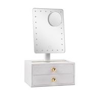 Star Vision 2-in-1 Lighted Makeup Mirror with PU Jewelry Organizer, Dimmable 6,000K Cool White Light, 2-Layer Drawers, PU Surface with Stitching, Includes a 10X Magnification Mirror, White