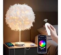 Star Vision Smart Feather Table Lamp, Dimmable E27 LED Bulb Included, Bedside Desk Lamp with USB C & AC Outlet, App & Voice Control, Compatible with Alexa & Google Assistant, White