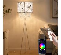 Star Vision Smart Tripod Floor Lamp with Coal Tit Bird Fabric Shade & Acrylic Droplets, Dimmable E27 LED Bulb Included, App & Voice Controlled Standing Light, Works with Alexa & Google