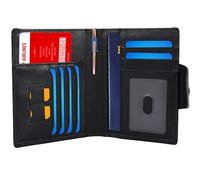 STAR VISTA Carmen Leather Passport Wallet, Dual Bifold Cash Pockets, RFID Blocking, ID Window, 6 Card Slots, SIM Slots, AirTag Slots, Black with AirTag Slot, Multifunctional Design