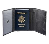 STAR VISTA Domenico Full Grain Leather Pilot Passport Wallet, Trifold Travel Document Organizer with RFID Blocking, Transparent Doc & Dual ID Windows, Pen & Notebook Included, Black Calfskin AirTag