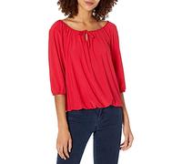 Star Vixen Women's 3/4 Sleeve Peasant Elastic-Hem Keyhole-tie Top Blouse, Red, Medium