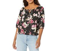 Star Vixen Women's 3/4 Sleeve Peasant Top with Keyhole Tie and Elastic Bottom Hem, Floral Print, Small