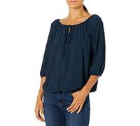 Star Vixen Women's Petite 3/4 Sleeve Peasant Elastic-Hem Keyhole-Tie Top Blouse, Navy, Large
