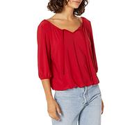 Star Vixen Women's Petite 3/4 Sleeve Peasant Elastic-Hem Keyhole-tie Top Blouse, Red, M