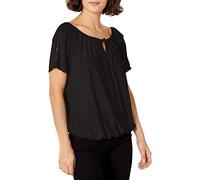 Star Vixen Women's Petite Short/Slit Sleeve Keyhole-Tie Peasant Top Bubble Hem Blouse, Black Solid, X-Large