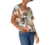 Star Vixen Women's Petite Short/Slit Sleeve Keyhole-Tie Peasant Top Bubble Hem Blouse, Light Ground Floral, Small