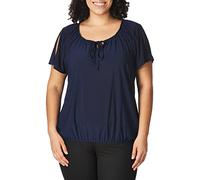 Star Vixen Women's Plus-Size Shrt/Slit SLV Keyhole-Tie Peasant Top w Bubble Hem Blouse, Navy Solid, 3X