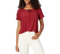 Star Vixen Women's Short/Slit Sleeve Keyhole-Tie Knit Peasant Top w Bubble Hem Tunic Shirt, Burgundy, Medium