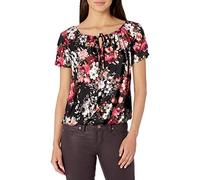 Star Vixen Women's Short/Slit Sleeve Keyhole-tie Peasant Top Bubble Hem Blouse, Black Ground Floral, Large